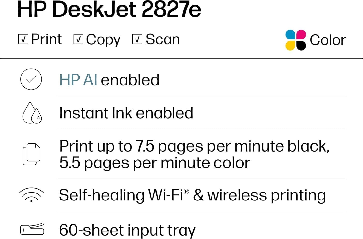 Deskjet 2827E Wireless All-In-One Color Inkjet Printer, Scanner, Copier, Best-For-Home, 3 Month Instant Ink Trial Included, Ai-Enabled (6W7F5A)