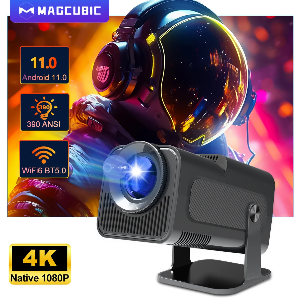 Upgrade Your Home Theater with the 4K Android 11 Projector - Native 1080P, 390 ANSI, Dual WiFi 6 & BT 5.0, Portable Cinema Experience!