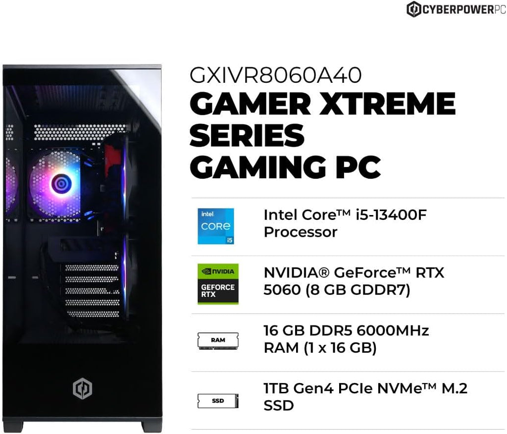 Gamer Xtreme VR Gaming PC, Intel Core I5-13400F 2.5Ghz, Geforce RTX 5060 8GB, 16GB DDR5, 1TB Pcie 4.0 SSD, Wifi Ready & Windows 11 Home (Gxivr8060A40)