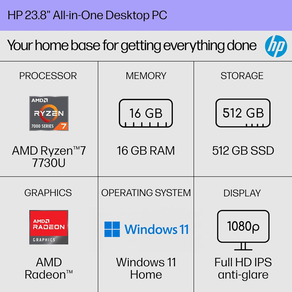 24 Inch All-In-One Desktop PC, FHD Display, AMD Ryzen 7 7730U, 16 GB RAM, 512 GB SSD, AMD Radeon Graphics, Windows 11 Home, 24-Cr0032 (2024)