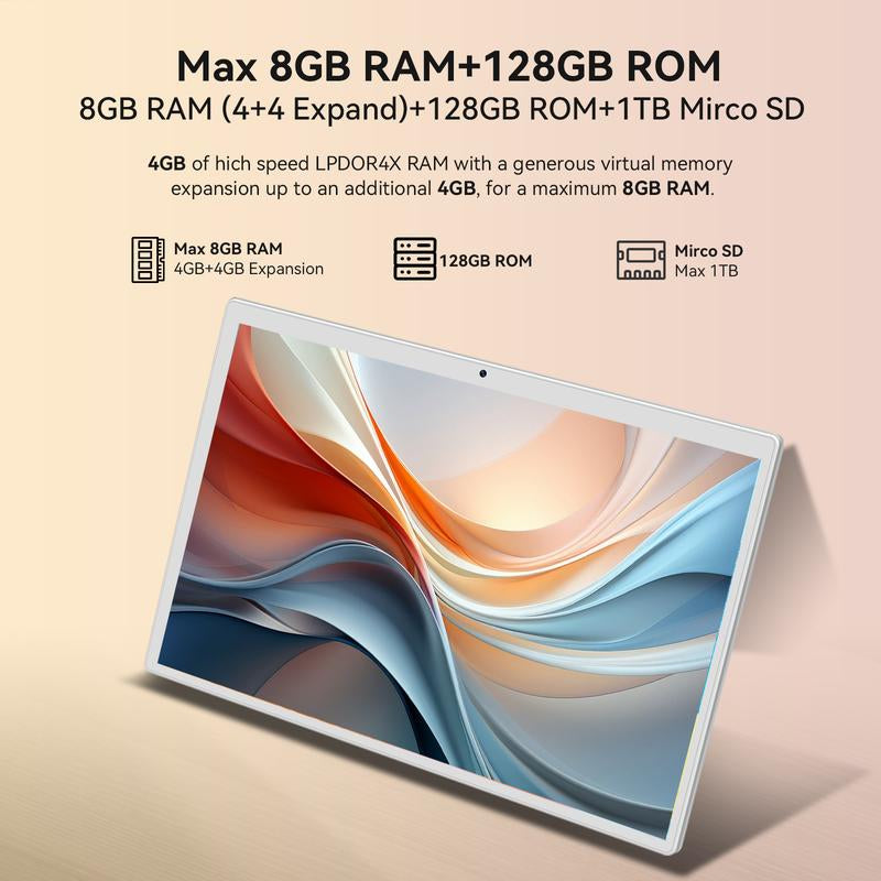 Android 14 Tablet 8GB RAM 128GB ROM, 10.1In 5G Wifi Tablet with Keyboard Case, 8 Core, 1TB Expand, 13MP+5MP, GPS 2025 Newest Tablet