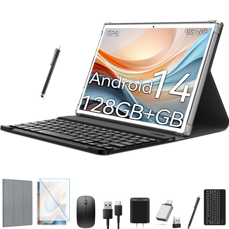 Android 14 Tablet 8GB RAM 128GB ROM, 10.1In 5G Wifi Tablet with Keyboard Case, 8 Core, 1TB Expand, 13MP+5MP, GPS 2025 Newest Tablet