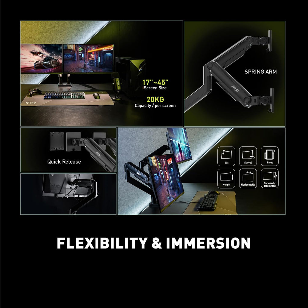 MAG MT201D - Premium Heavy Duty Dual Monitor Stand Arms, 17-45" Support, VESA Compatible, Adjustable Spring Mount, 44 Lbs per Screen, Clamp & Grommet, Quick Release Plate - Black