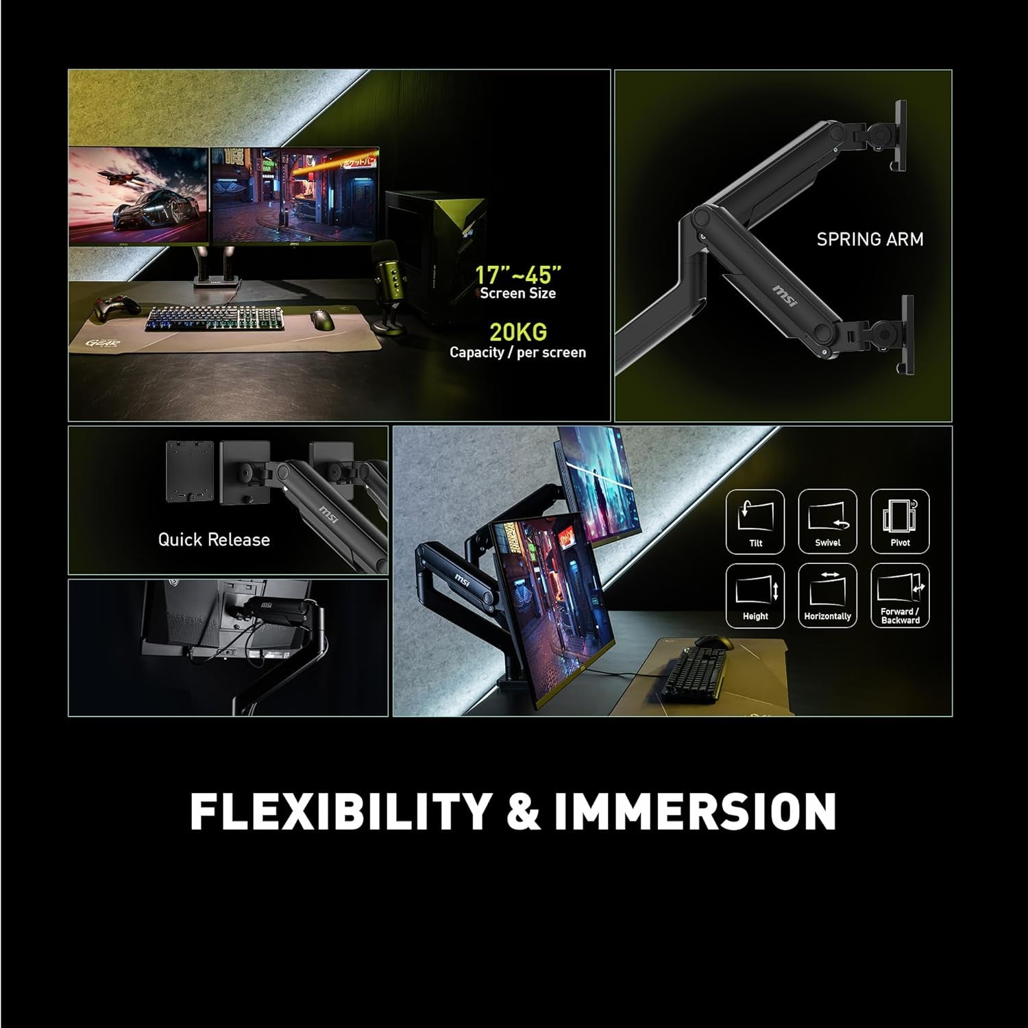 MAG MT201D - Premium Heavy Duty Dual Monitor Stand Arms, 17-45" Support, VESA Compatible, Adjustable Spring Mount, 44 Lbs per Screen, Clamp & Grommet, Quick Release Plate - Black