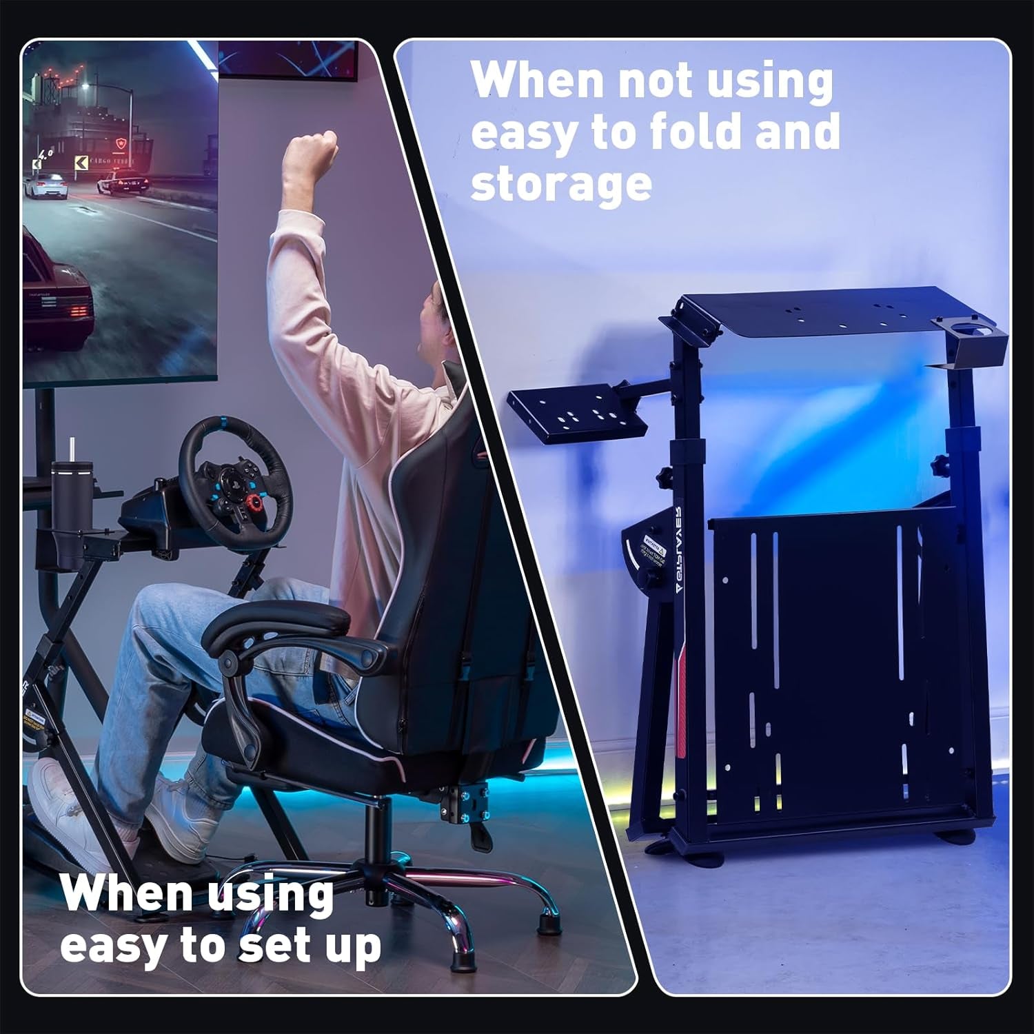 Sim Racing Wheel Stand Simulator Cockpit Wheel Stand Fit for Logitech G25 G27 G29 G920 G923 Thrustmaster T330TS Gaming Stand Wheel Pedals NOT Included, Deep Black with Cup Holder