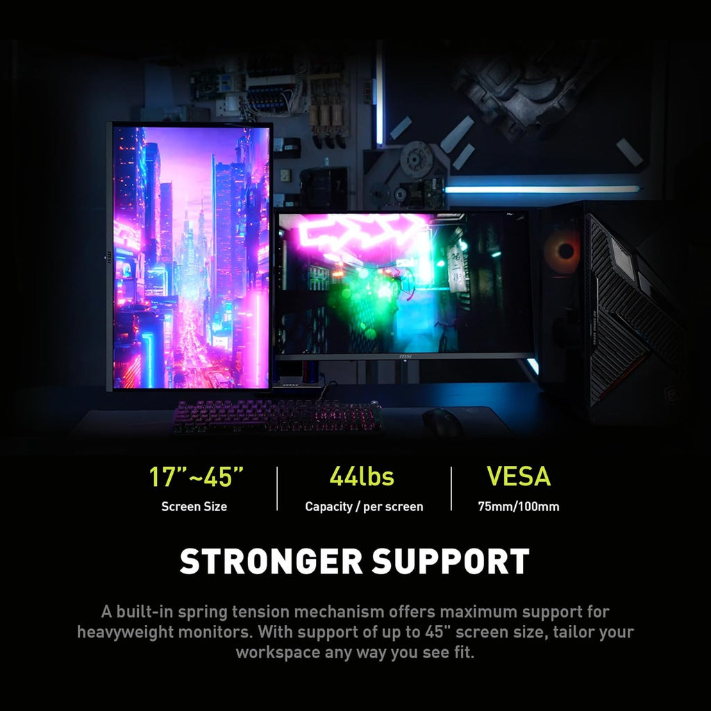 MAG MT201D - Premium Heavy Duty Dual Monitor Stand Arms, 17-45" Support, VESA Compatible, Adjustable Spring Mount, 44 Lbs per Screen, Clamp & Grommet, Quick Release Plate - Black