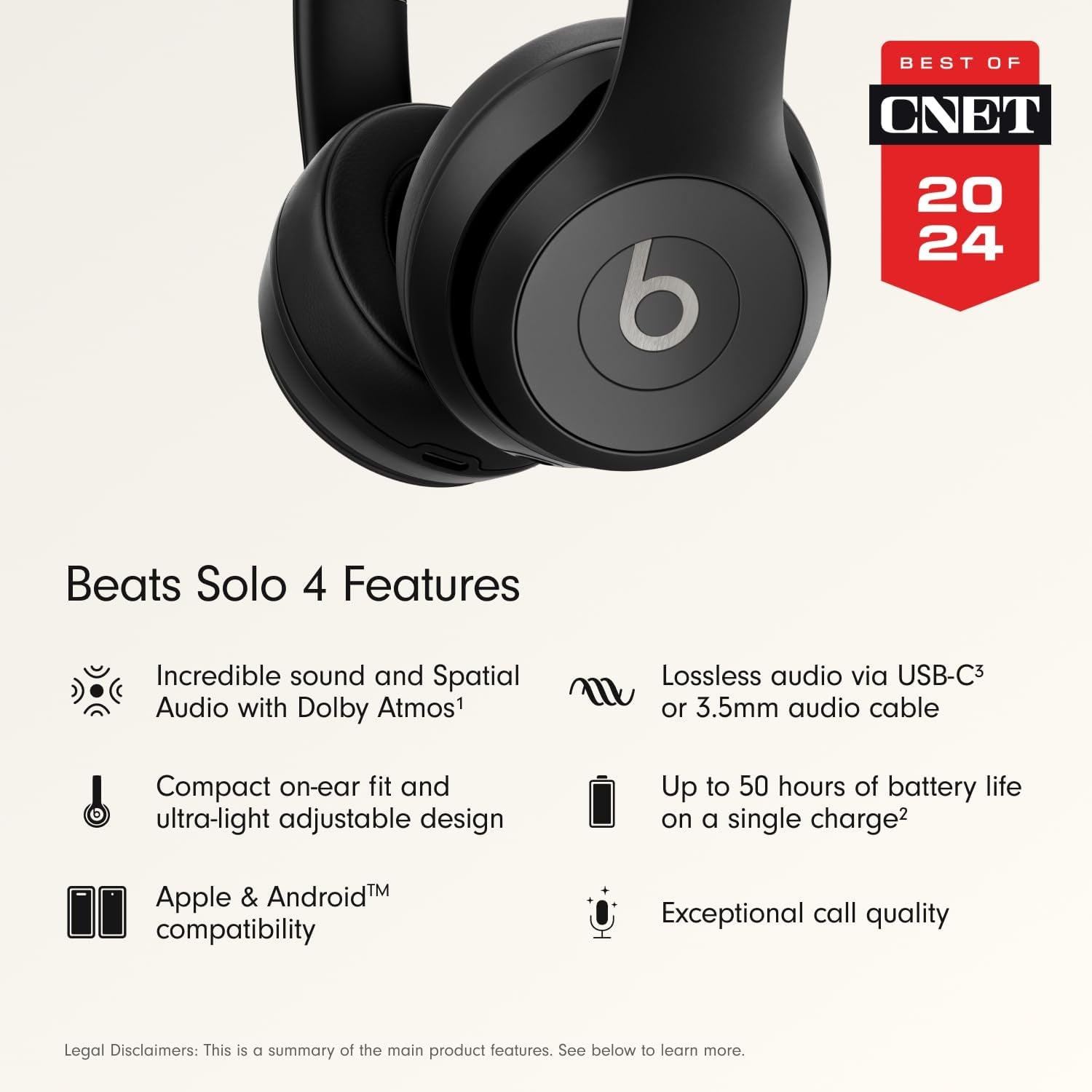 Solo 4 - Wireless On-Ear Bluetooth Headphones, up to 50-Hour Battery Life, Ultra-Lightweight Comfort, Powerful and Balanced Sound,  & Android Compatible - Matte Black