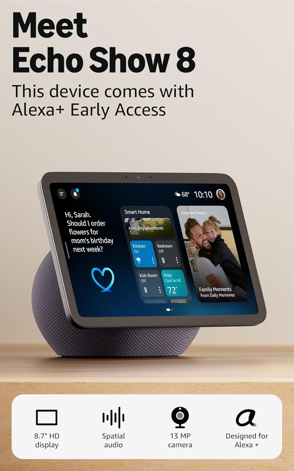 Echo Show 8 (Newest Model), Vibrant HD 8.7" Display with Spatial Audio, with Alexa+ Early Access, Graphite